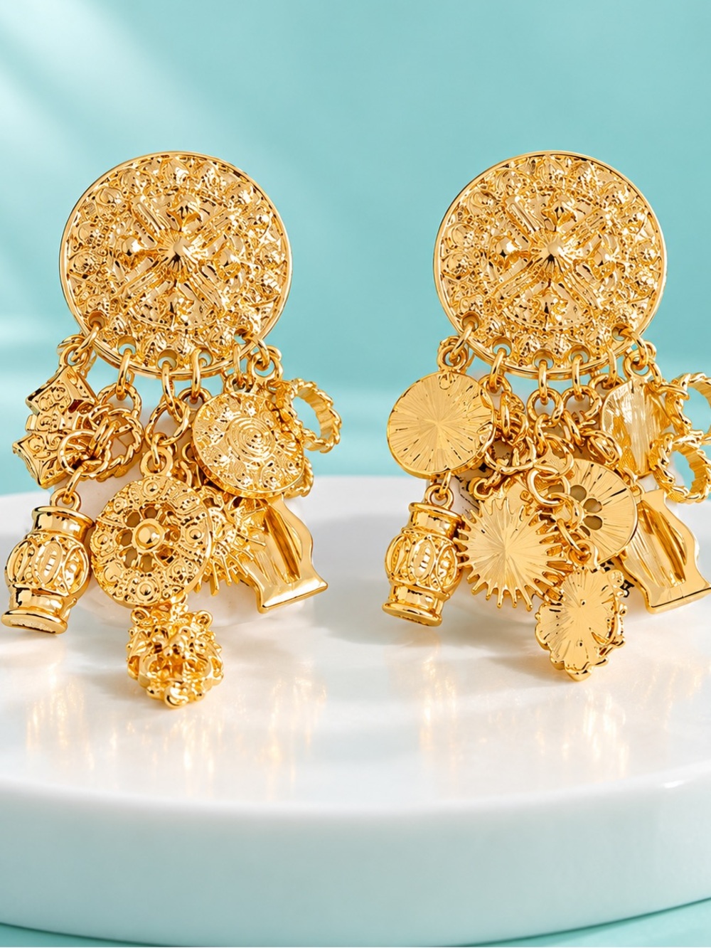 Gold Tone Charm Dangle Earrings Round Medallion Statement Retro 925 Silver Posts